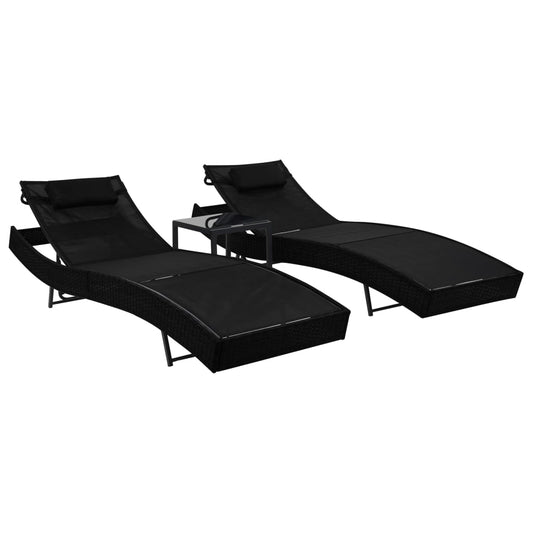 Sun loungers with table 2 pcs PE rattan and black textilene