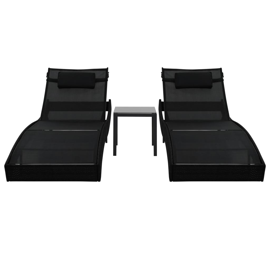 Sun loungers with table 2 pcs PE rattan and black textilene