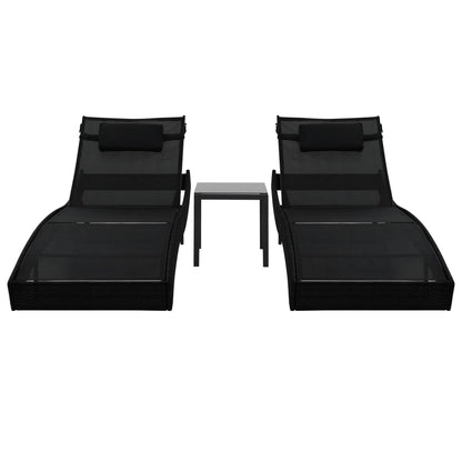 Sun loungers with table 2 pcs PE rattan and black textilene