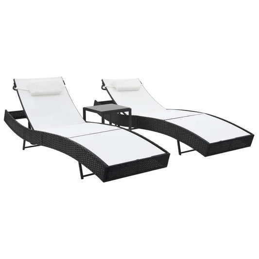 Sun loungers with table 2 pcs PE rattan and black textilene