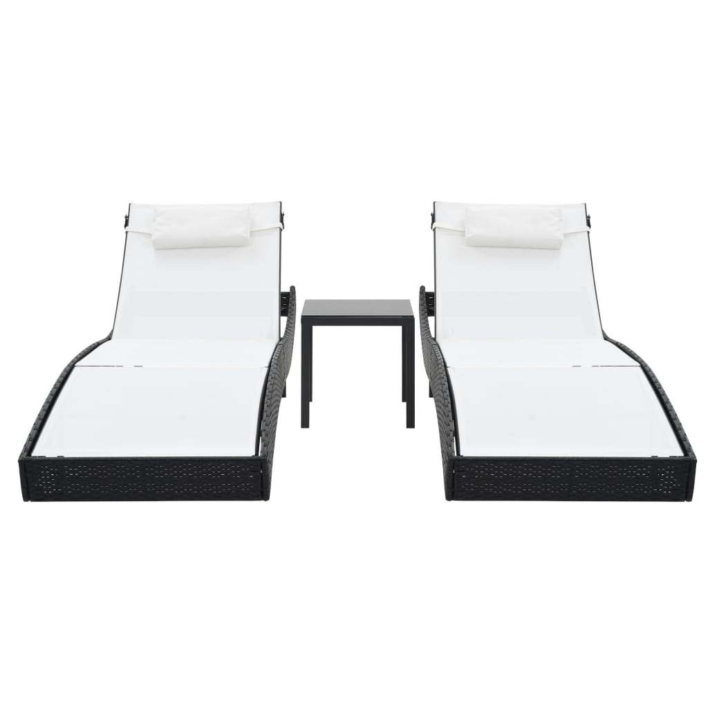 Sun loungers with table 2 pcs PE rattan and black textilene