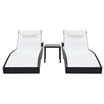 Sun loungers with table 2 pcs PE rattan and black textilene