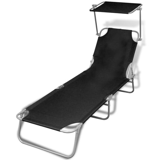 Folding sun lounger with steel and black fabric canopy