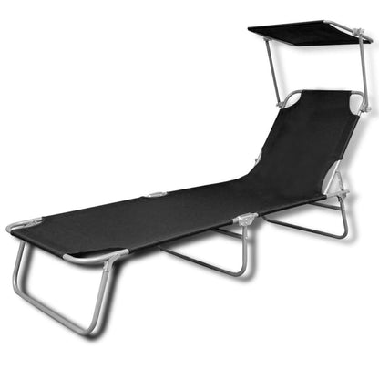 Folding sun lounger with steel and black fabric canopy