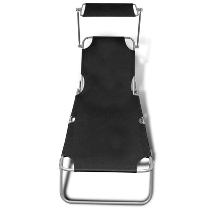 Folding sun lounger with steel and black fabric canopy