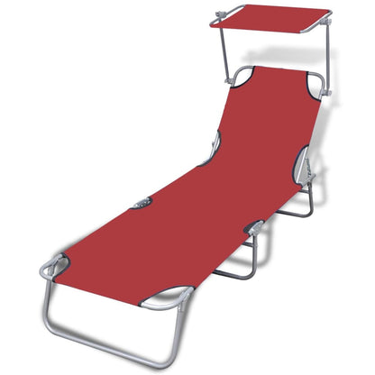 Folding sun lounger with steel canopy and red fabric