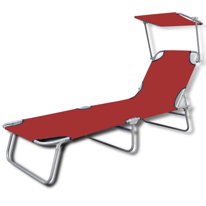 Folding sun lounger with steel canopy and red fabric