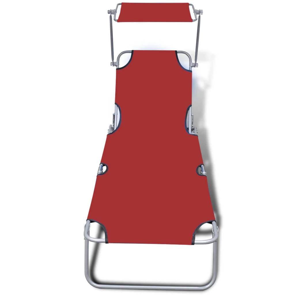 Folding sun lounger with steel canopy and red fabric