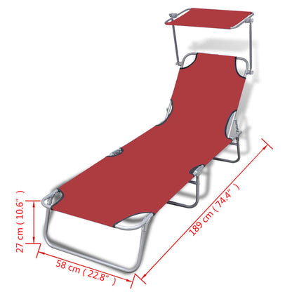 Folding sun lounger with steel canopy and red fabric