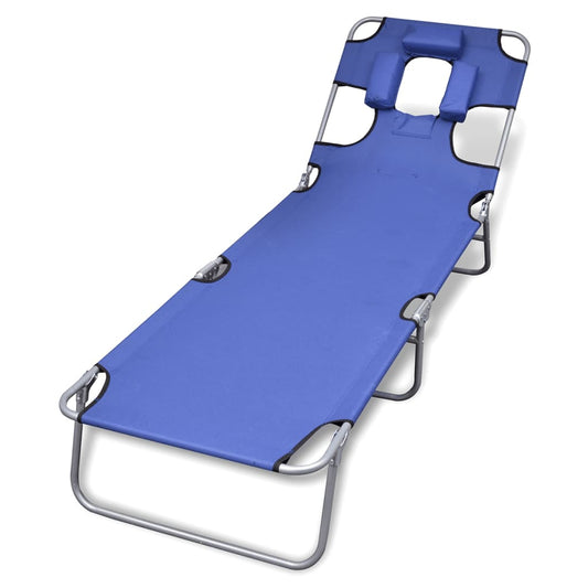 Folding sun lounger with head cushion, blue coated steel