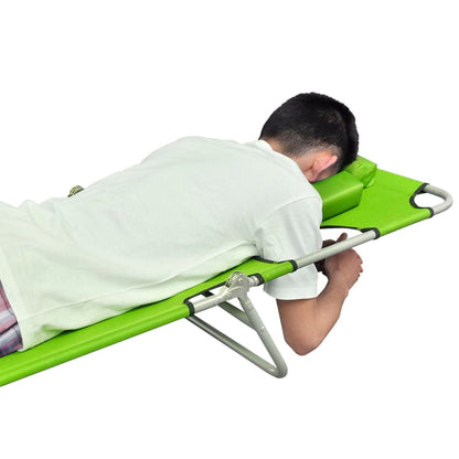 Folding sun lounger with head cushion, green coated steel