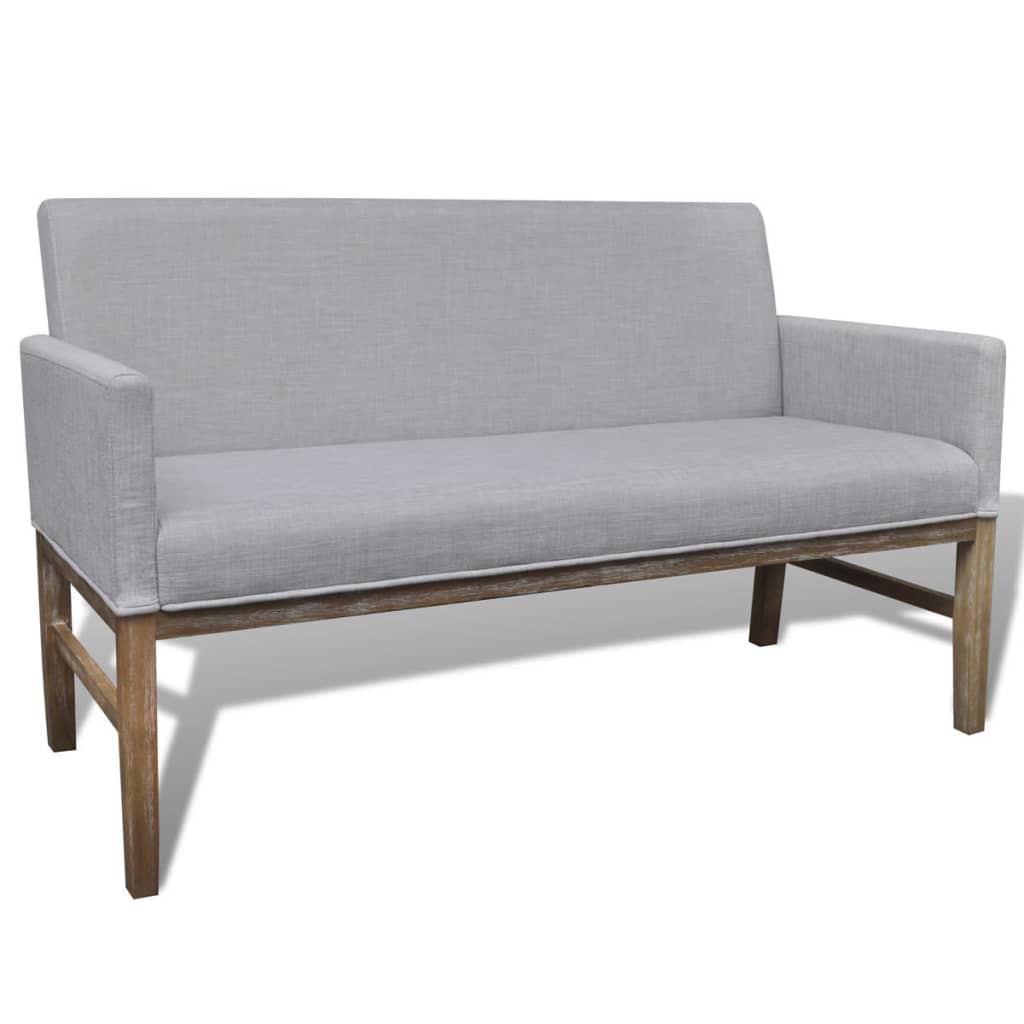 Bench with padded cushion in light grey fabric/rubberwood
