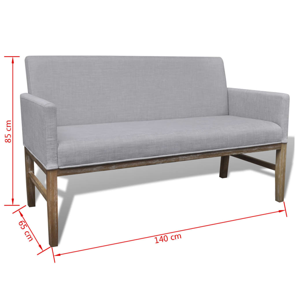 Bench with padded cushion in light grey fabric/rubberwood