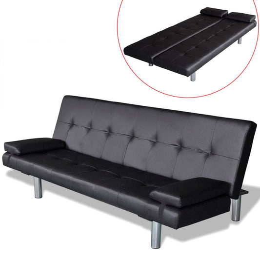 Adjustable sofa bed with 2 cushions in black faux leather