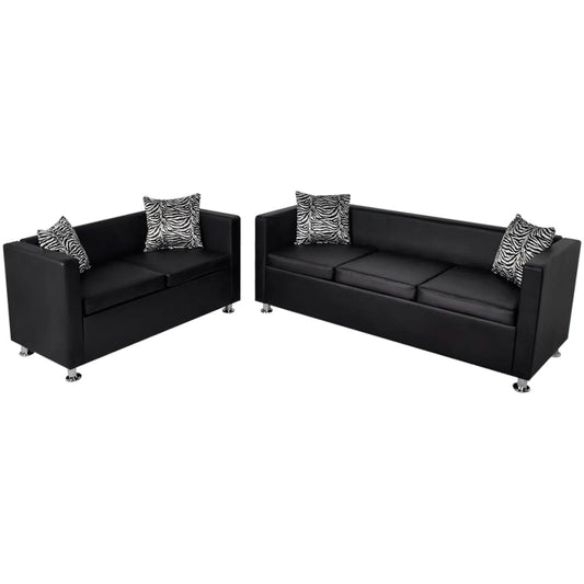 Conjunto de sofás de 2 e 3 lugares couro artificial preto