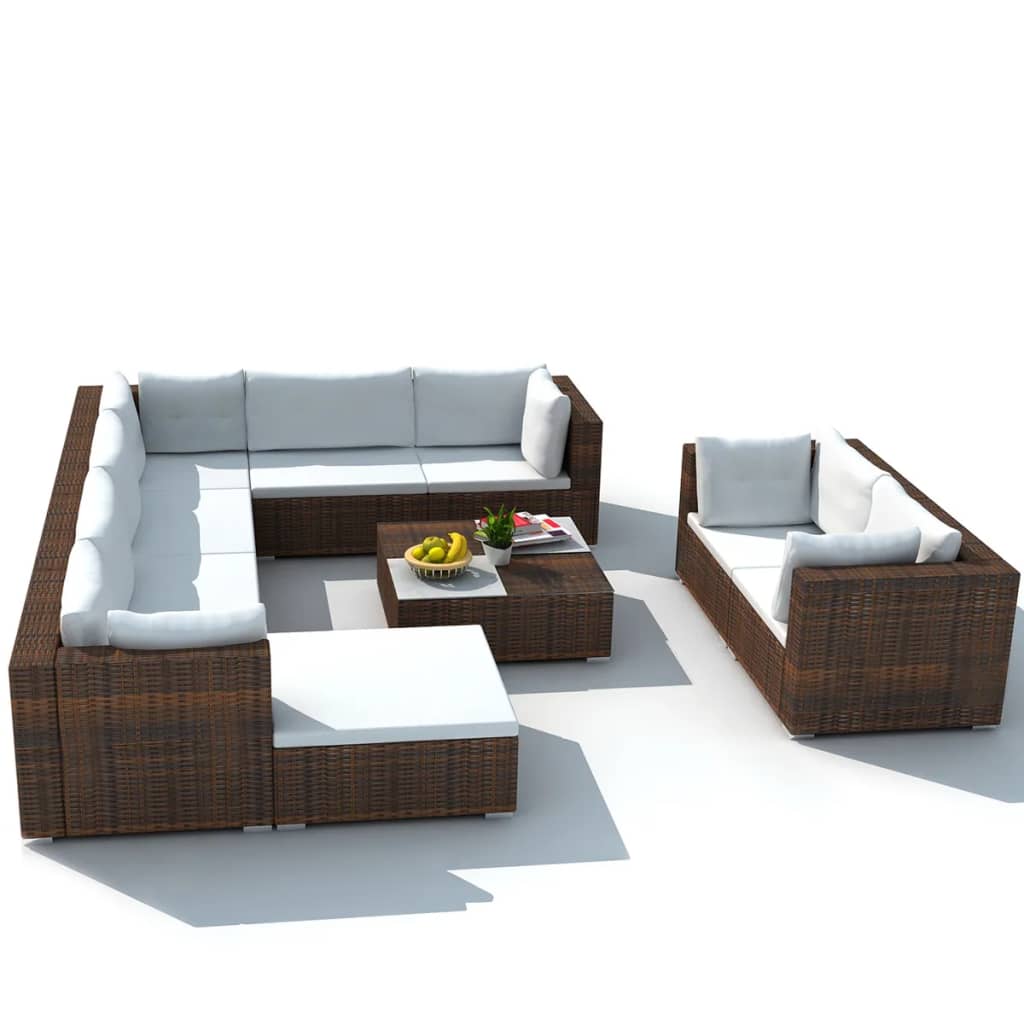 10 pcs conjunto lounge jardim c/ almofadões vime PE castanho