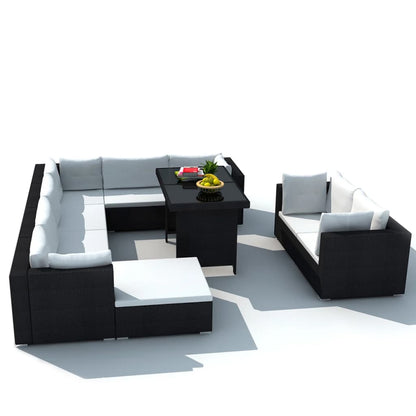 10 pcs conjunto lounge de jardim c/ almofadões vime PE preto