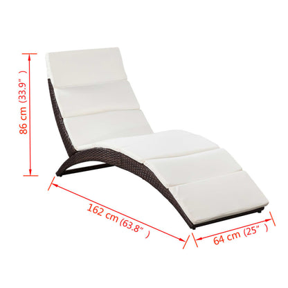 Folding sun lounger with cushion in brown PE rattan