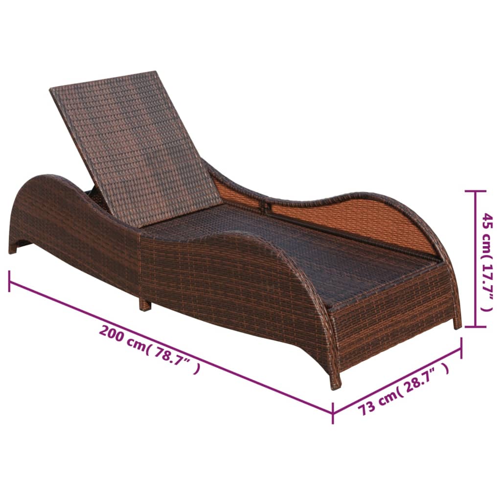Brown PE wicker sun lounger with cushion