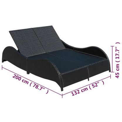 Double sun lounger with cushion in black PE wicker
