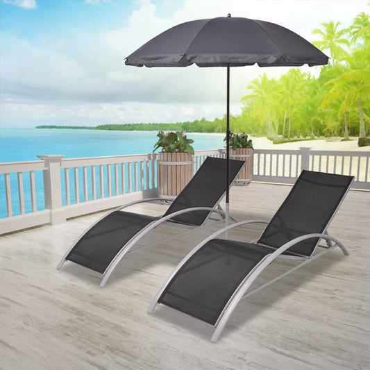 Sun loungers with black aluminum umbrella
