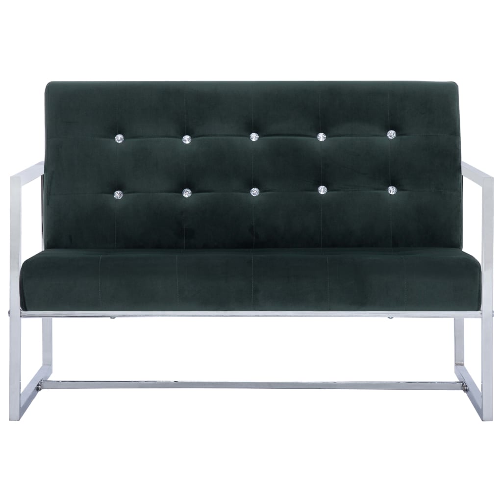 2-seater sofa with chrome armrests and dark green velvet