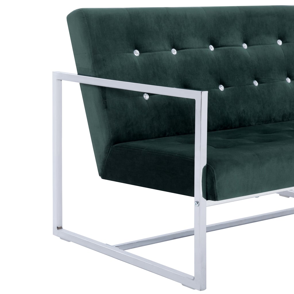 2-seater sofa with chrome armrests and dark green velvet