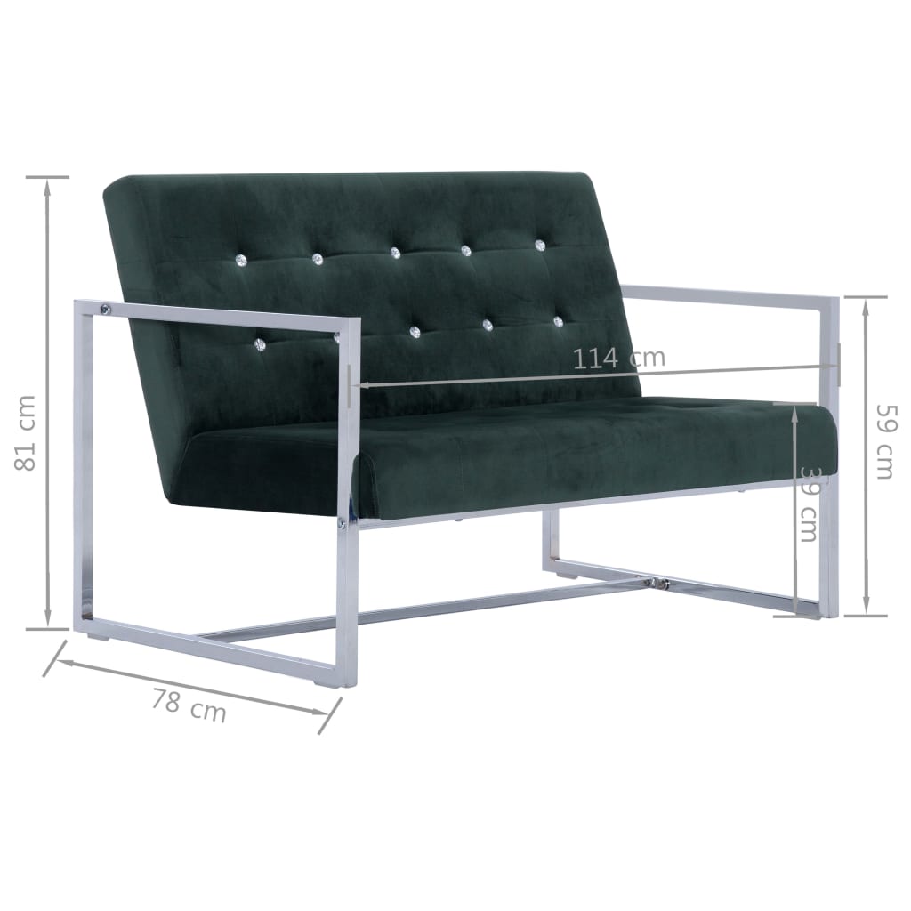 2-seater sofa with chrome armrests and dark green velvet