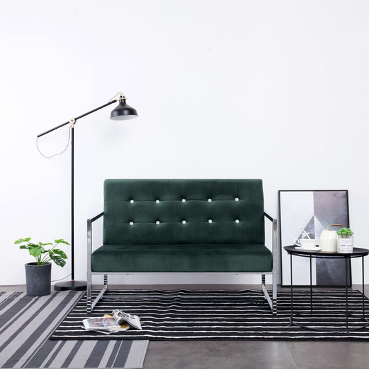 2-seater sofa with chrome armrests and dark green velvet