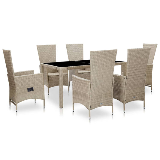 7 pcs conjunto jantar exterior com almofadões vime PE bege
