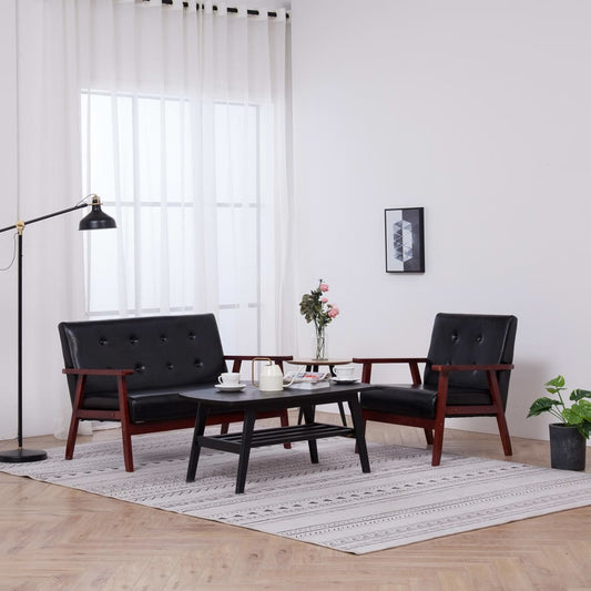 2 pcs sofa set black faux leather