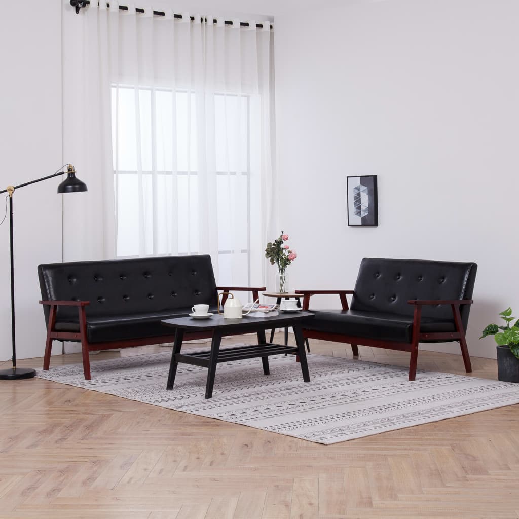 2 pcs sofa set black faux leather