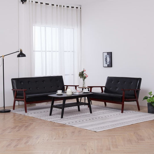 2 pcs sofa set black faux leather