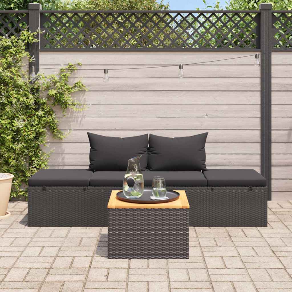 Sun lounger with cushions in black PE wicker