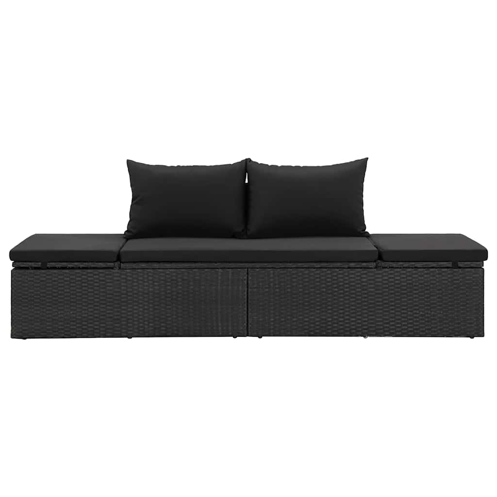 Sun lounger with cushions in black PE wicker