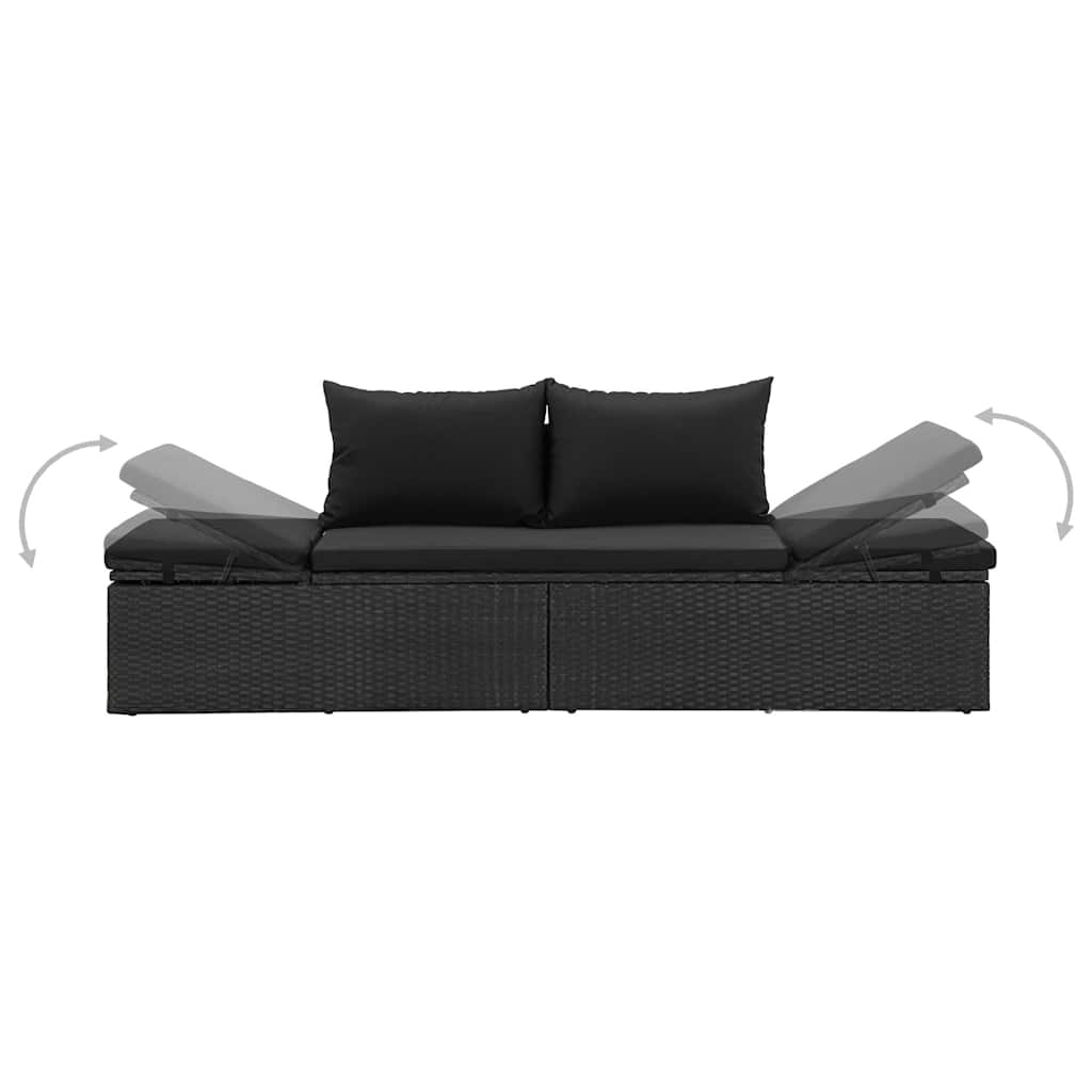 Sun lounger with cushions in black PE wicker