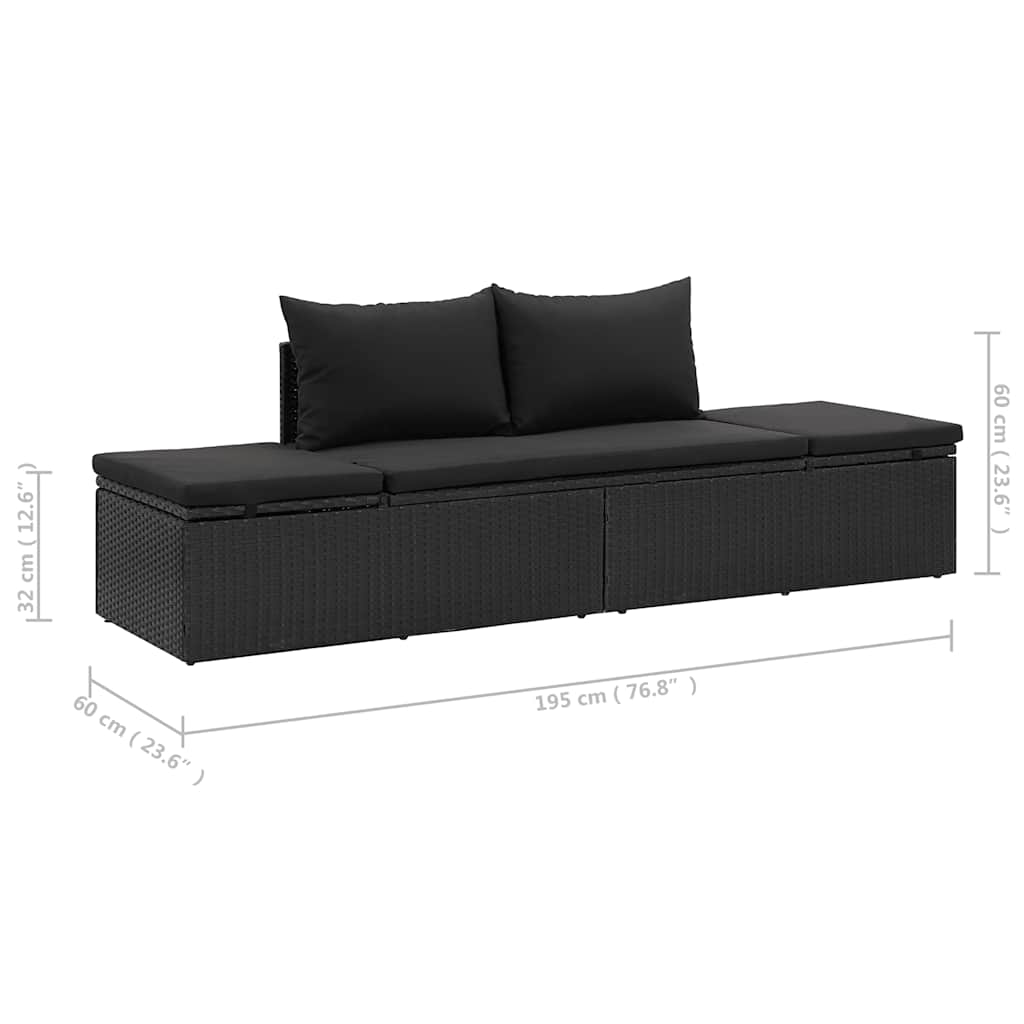 Sun lounger with cushions in black PE wicker