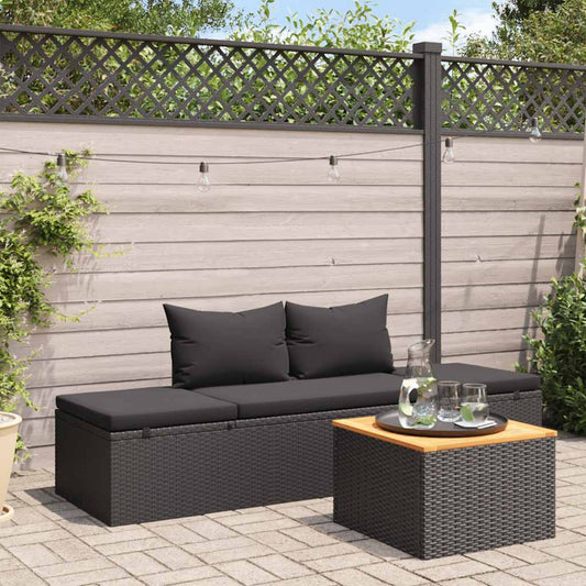 Sun lounger with cushions in black PE wicker
