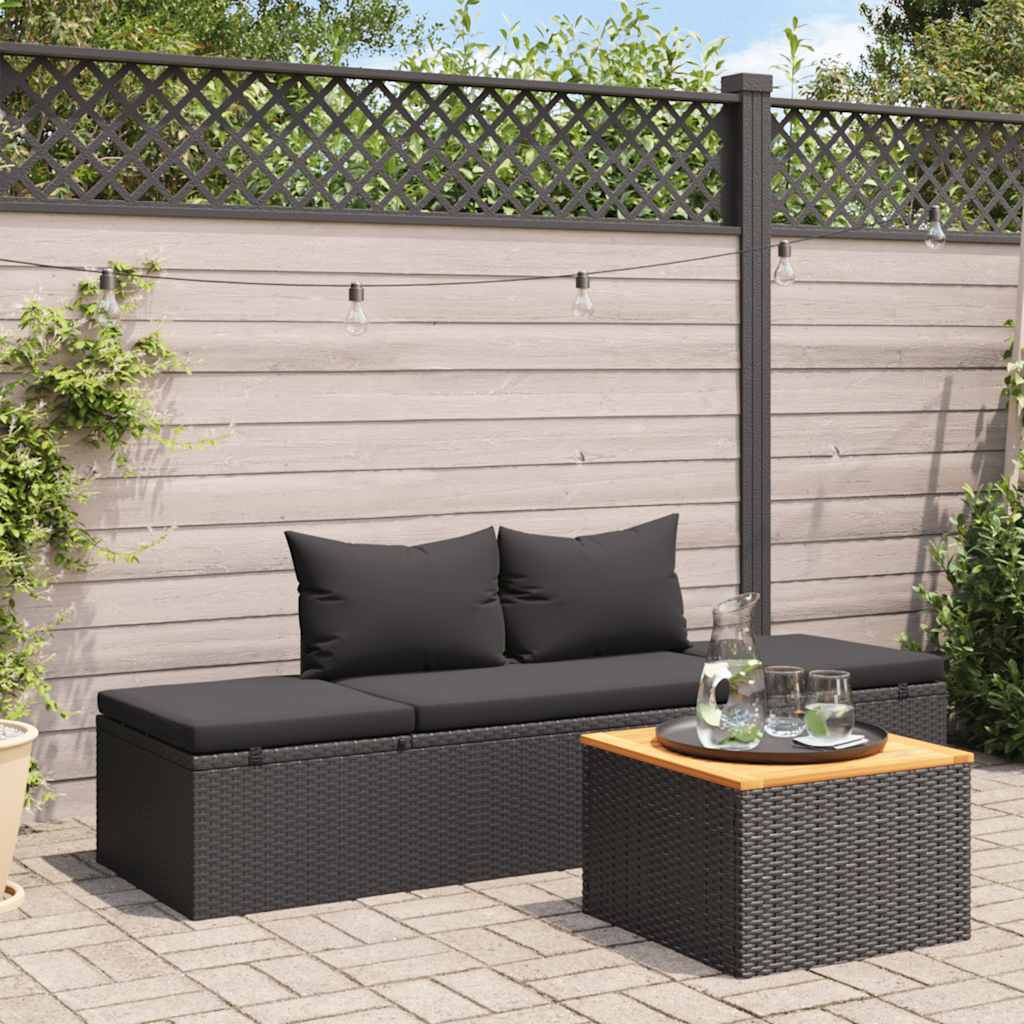 Sun lounger with cushions in black PE wicker