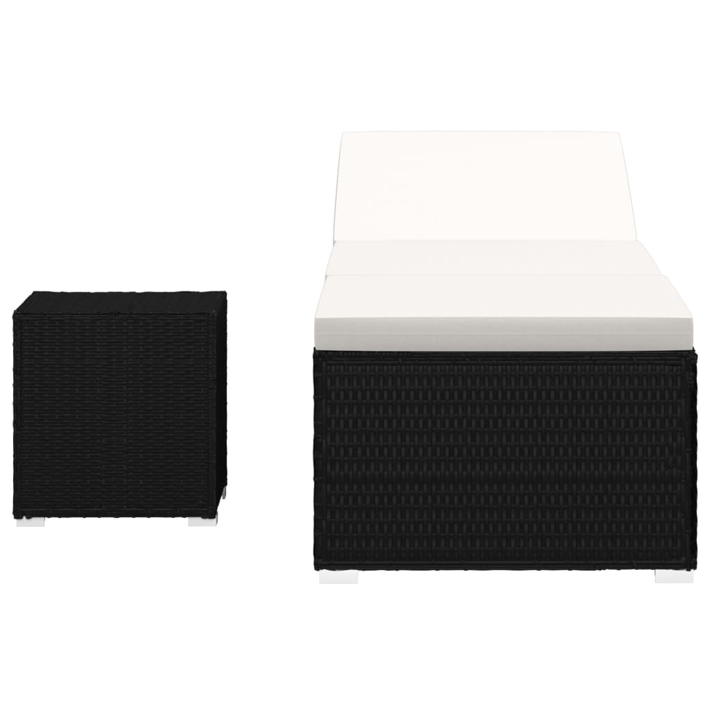 Sun lounger with cushion and coffee table in cream-colored PE wicker