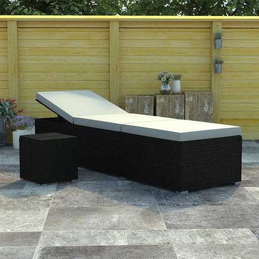 Sun lounger with cushion and coffee table in cream-colored PE wicker