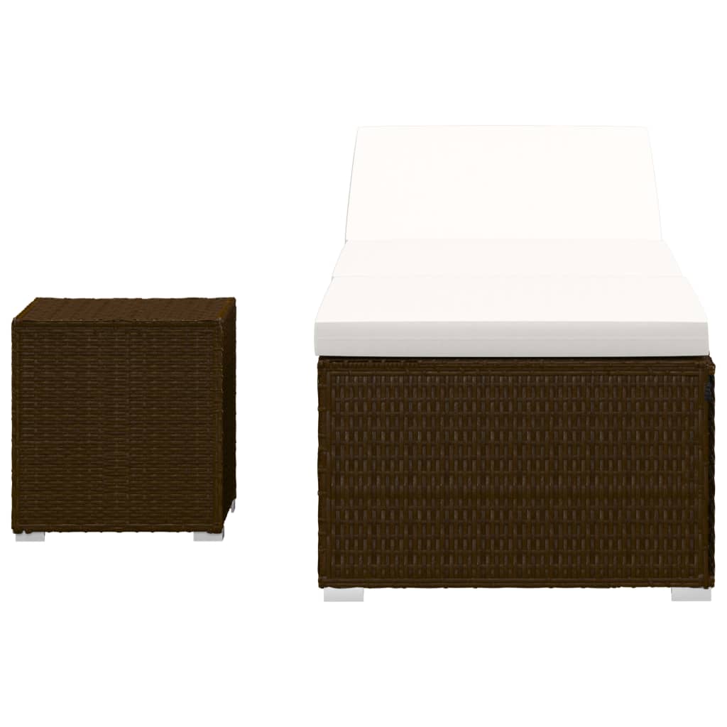 Sun lounger with cushion and coffee table in brown PE wicker
