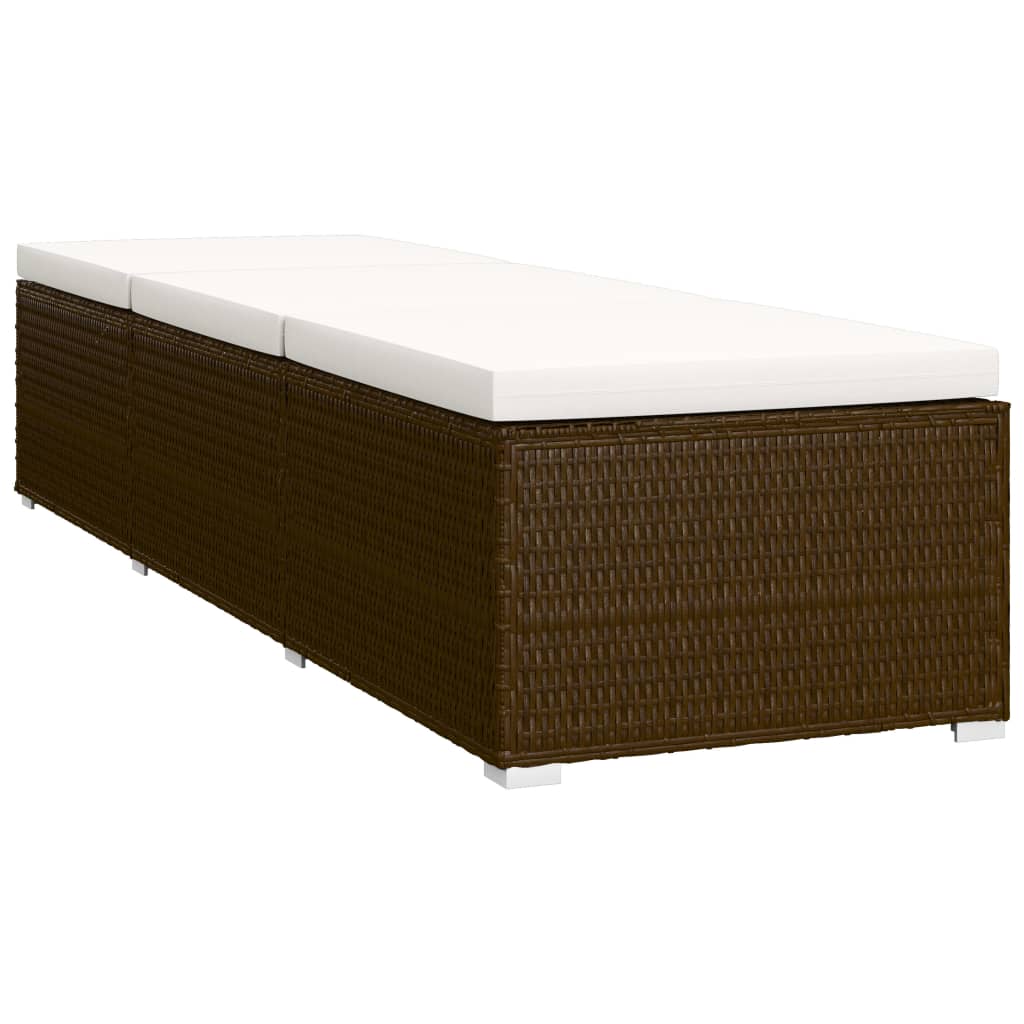 Sun lounger with cushion and coffee table in brown PE wicker