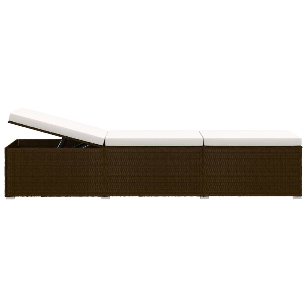 Sun lounger with cushion and coffee table in brown PE wicker