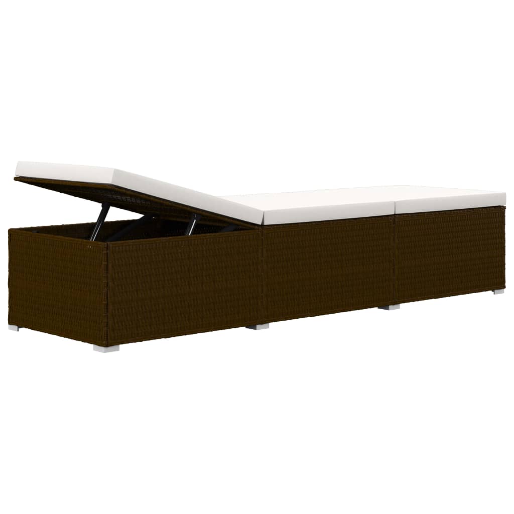 Sun lounger with cushion and coffee table in brown PE wicker