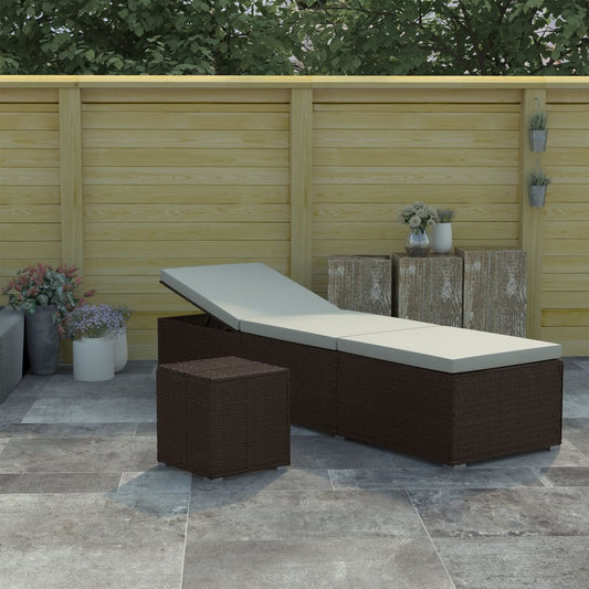 Sun lounger with cushion and coffee table in brown PE wicker