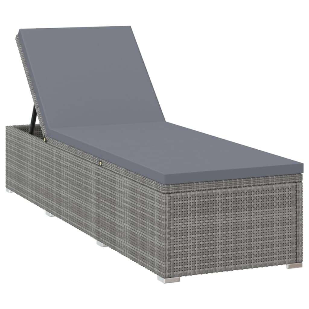 Sun lounger with cushion and coffee table in grey PE wicker