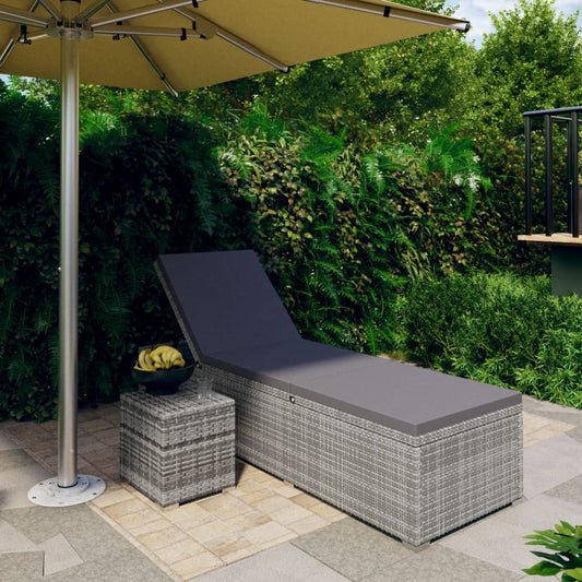 Sun lounger with cushion and coffee table in grey PE wicker