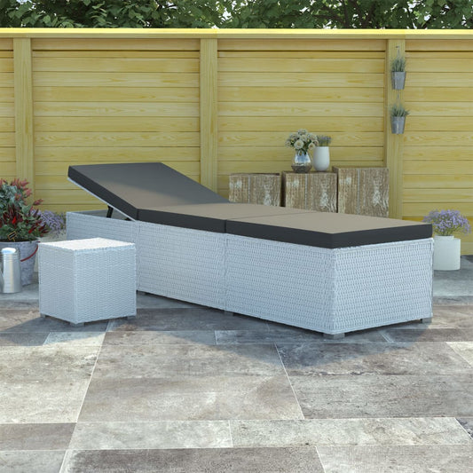 Sun lounger with cushion and coffee table in white PE wicker