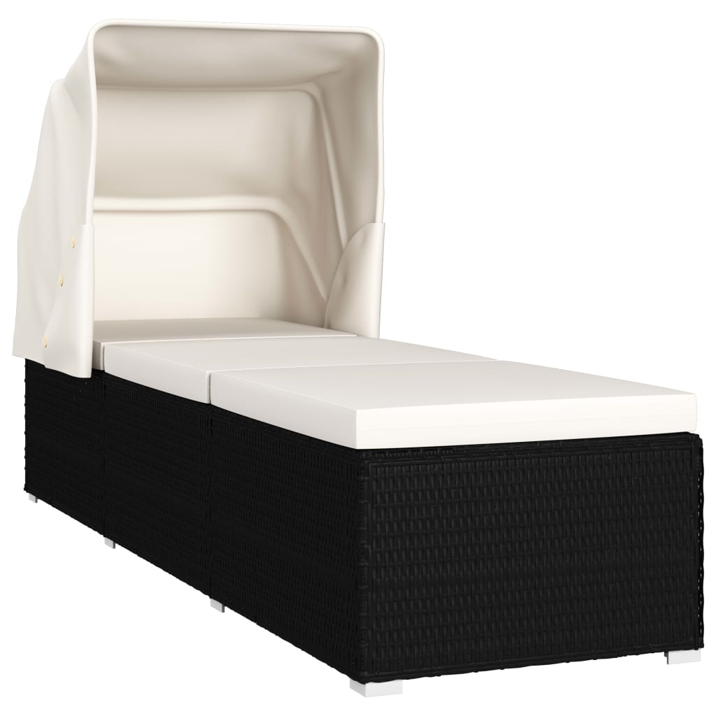 Sun lounger with canopy and cushion in cream white PE wicker